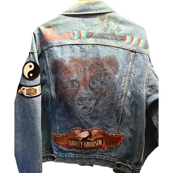 VINTAGE Custom 80s LEVI'S Patches DENIM Jean TRUCKER JACKET Harley MADE IN USA - Picture 3 of 7